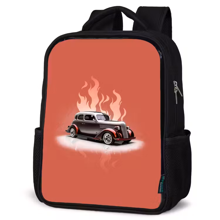 Kids backpack - Black - Gray car with pink flames — 4