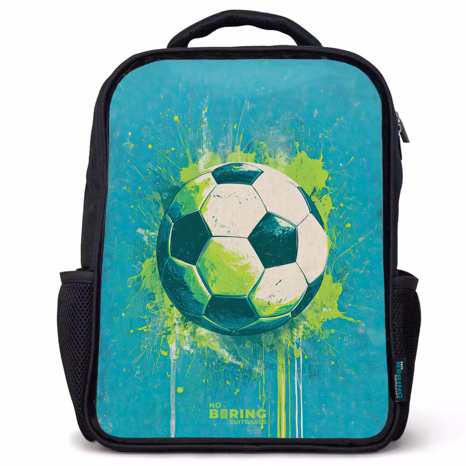 Kids backpack - Black - Soccer - Paint Splashes - Green - Blue — 1