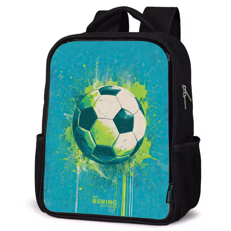 Kids backpack - Black - Soccer - Paint Splashes - Green - Blue — 4