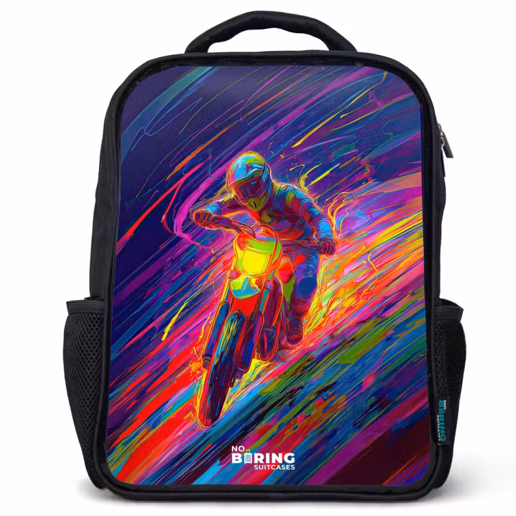 Kids backpack - Black - Cross bike - Neon colors - Lines - Helmet — 1