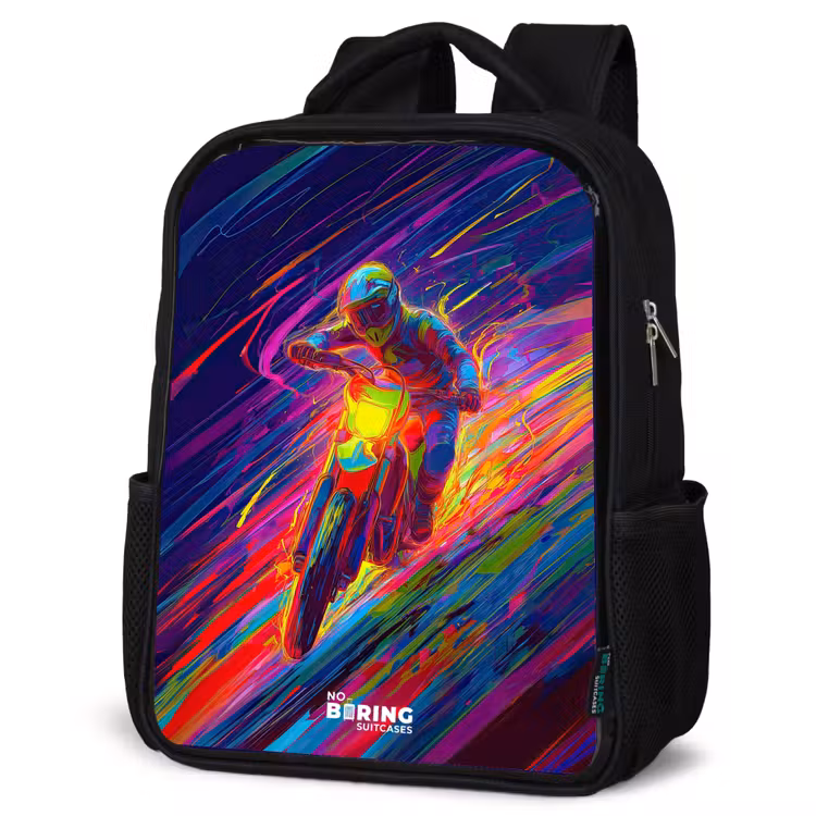 Kids backpack - Black - Cross bike - Neon colors - Lines - Helmet — 4