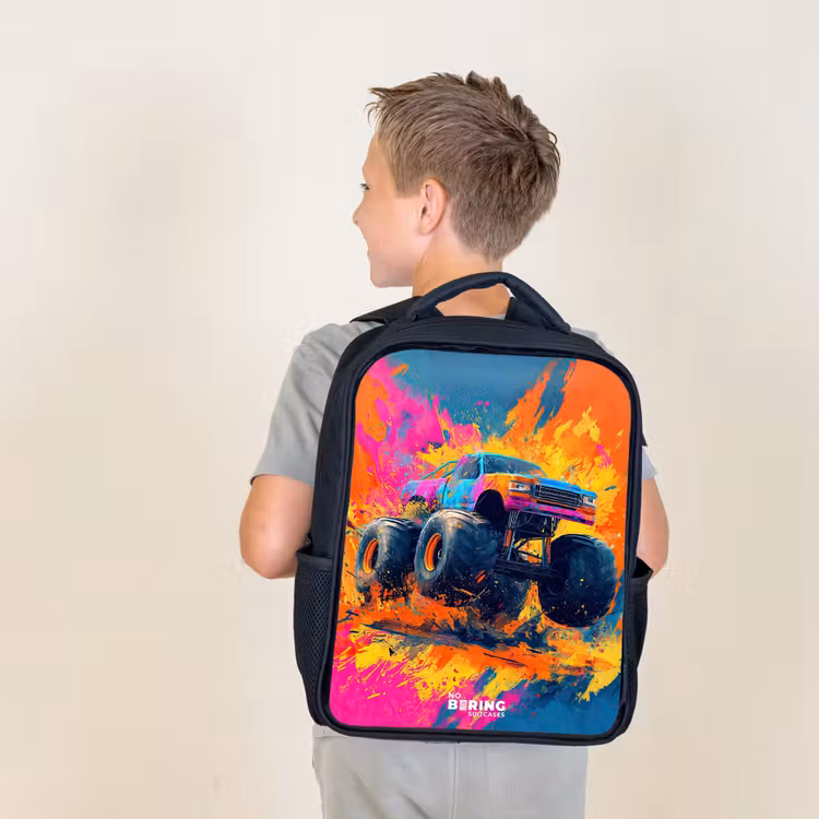 Kids backpack - Black - Monster truck - Paint splatter - Colorful - Explosion — 2