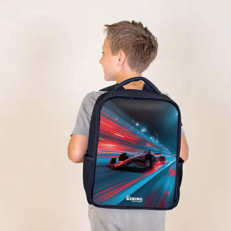 Kids backpack - Black - Race car - Track - Neon - Lighting — 2