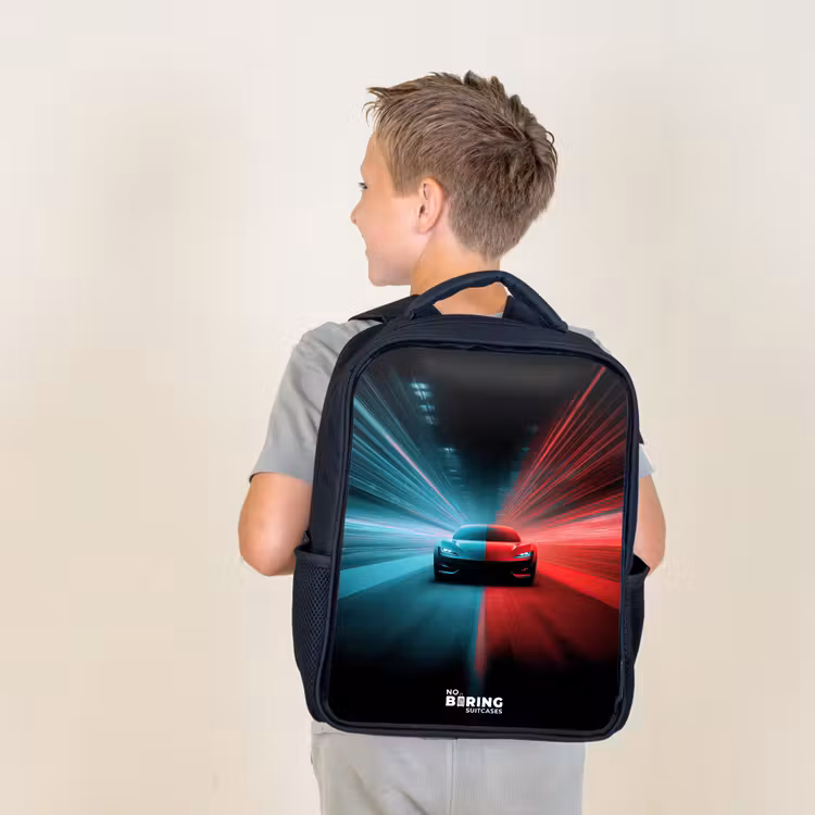 Kids backpack - Black - Sports car - Beams of light - Neon - Blue — 2