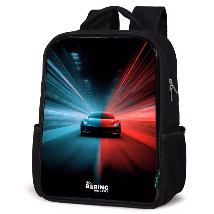 Kids backpack - Black - Sports car - Beams of light - Neon - Blue — 4