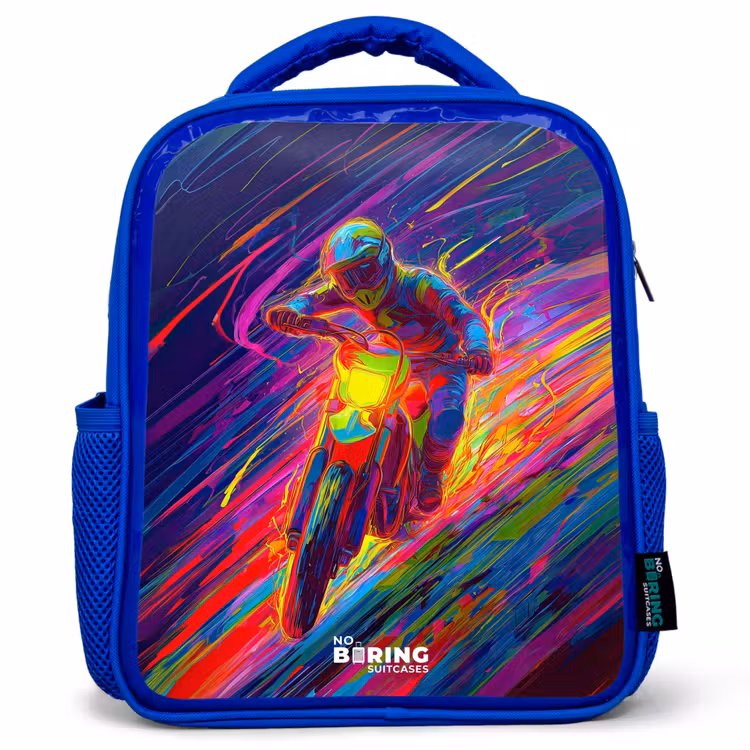 Kids backpack - Blue - Cross bike - Neon colors - Lines - Helmet — 1
