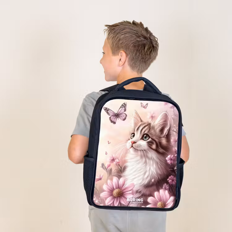 Kids backpack - Black - Cat - Purple - Butterflies - Flowers — 2