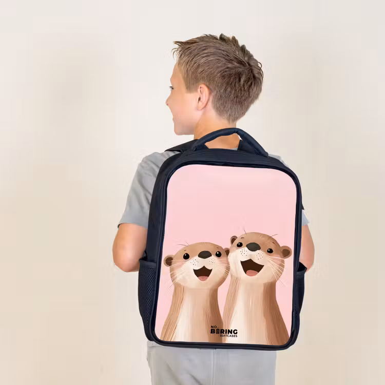 Kids backpack - Black - Otters - Laughter - Pink - Illustration — 2