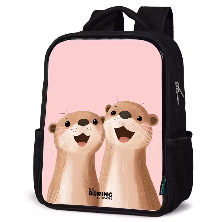 Kids backpack - Black - Otters - Laughter - Pink - Illustration — 4