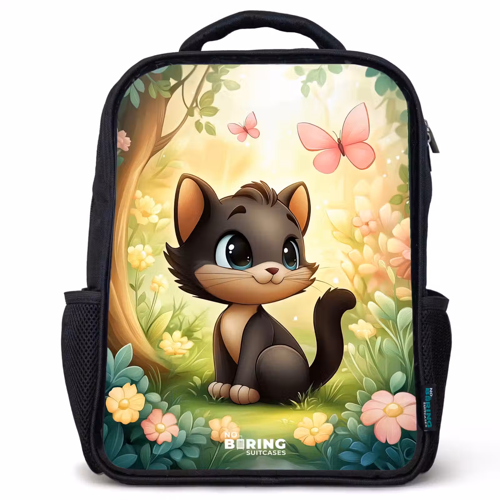 Kids backpack - Black - Cat - Butterfly - Flowers — 1