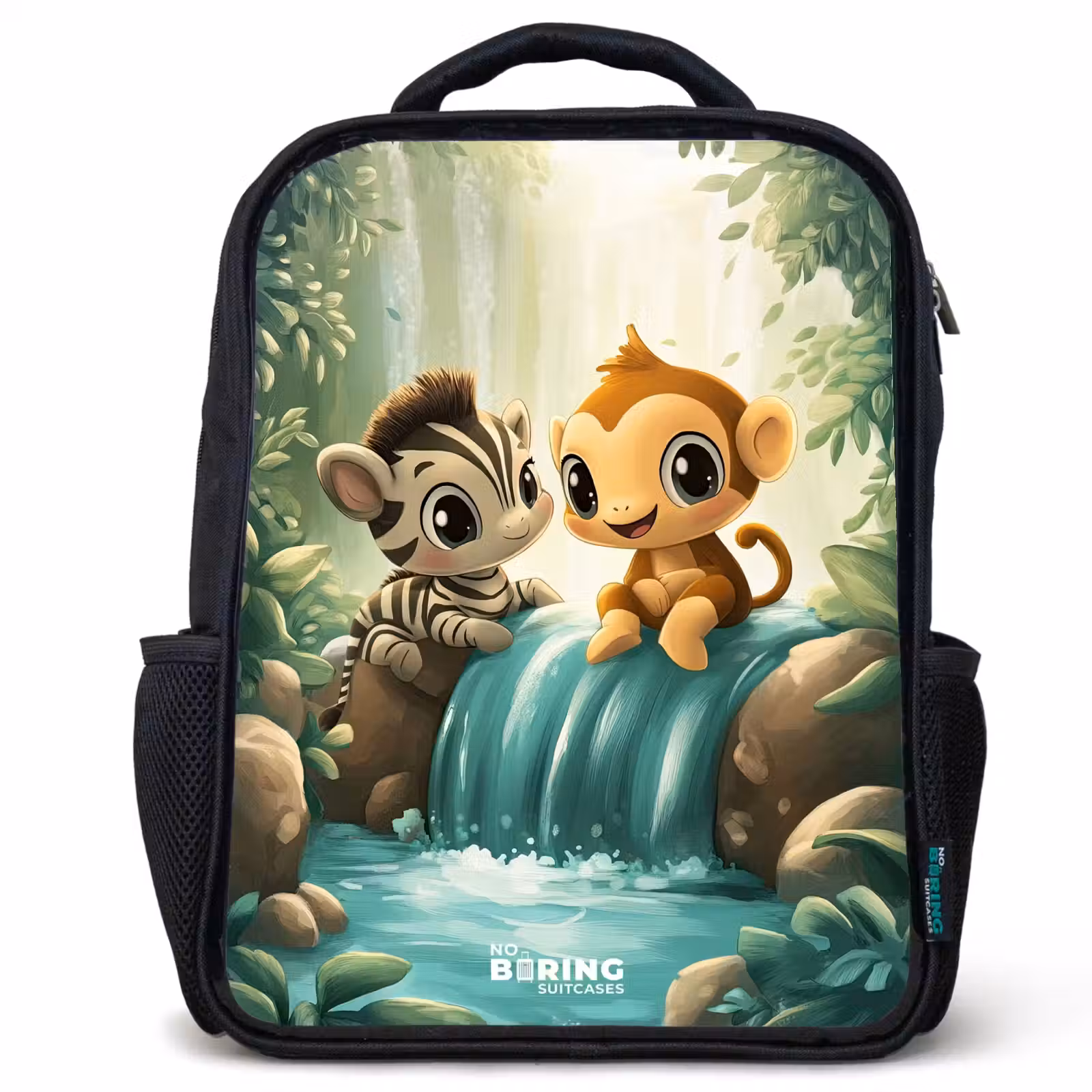 Kids backpack - Black - Zebra - Monkey - Waterfall - Rocks — 1