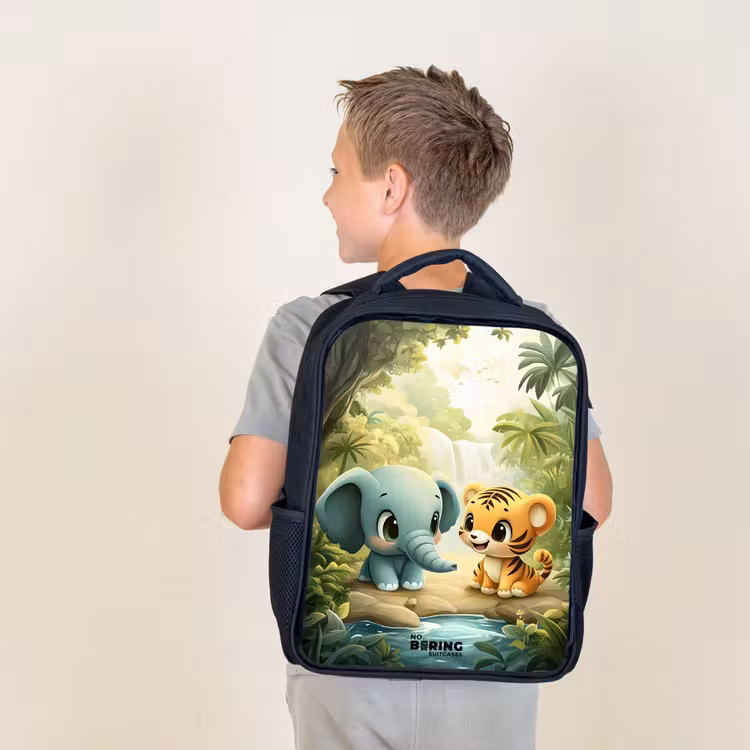 Kids backpack - Black - Elephant - Tiger - Forest - Jungle — 2