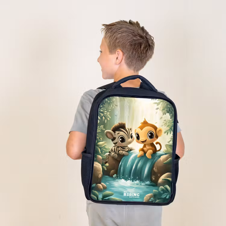 Kids backpack - Black - Zebra - Monkey - Waterfall - Rocks — 2