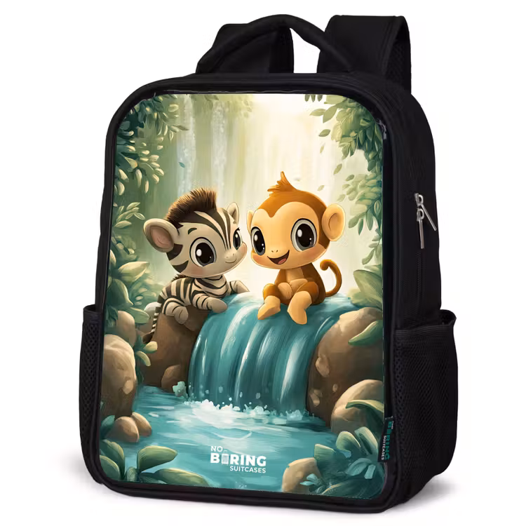 Kids backpack - Black - Zebra - Monkey - Waterfall - Rocks — 4