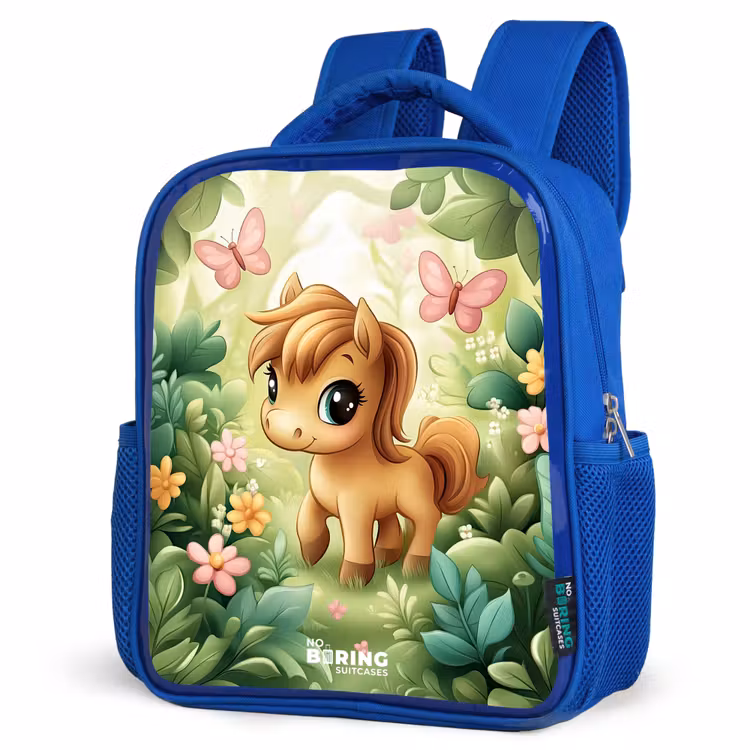 Kids backpack - Blue - Horse - Flowers - Butterflies — 3