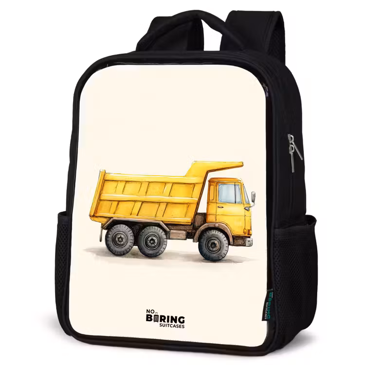 Kids backpack - Black - Dump truck - Signed - Yellow — 4