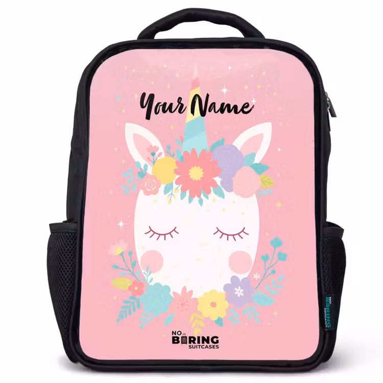 Kids backpack - Black - Unicorn - Flowers - Pink — 1