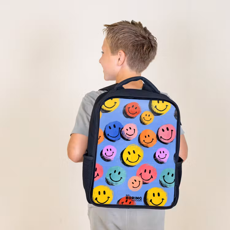 Kids backpack - Black - A playful and artistic pattern of colorful smileys — 2