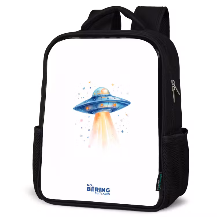 Kids backpack - Black - Blue spaceship with beam of light — 4