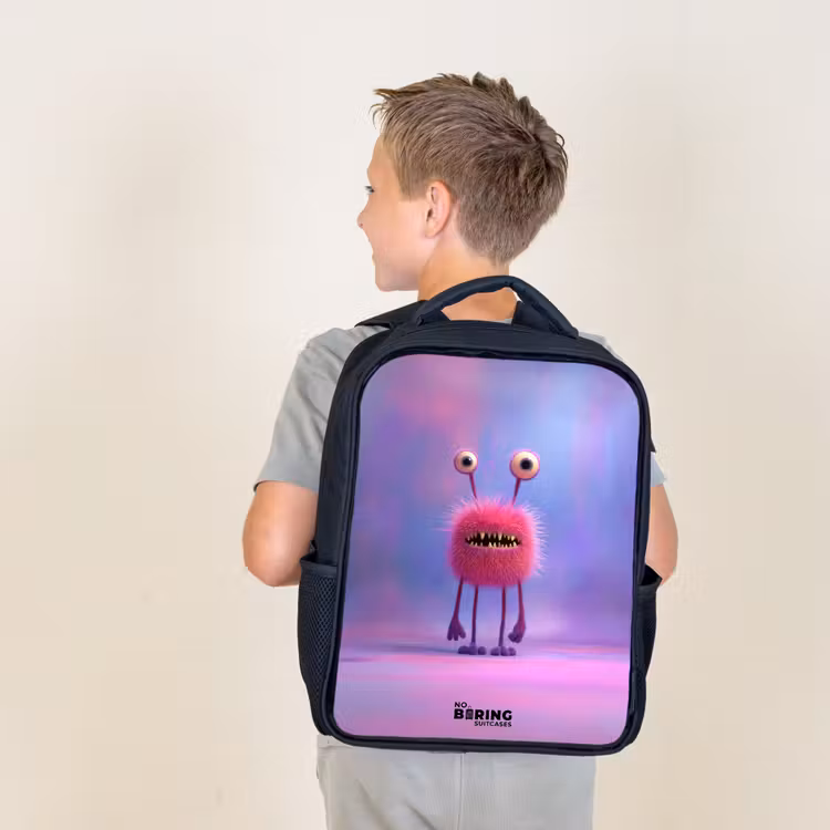 Kids backpack - Black - Pink furry monster with big eyes — 2