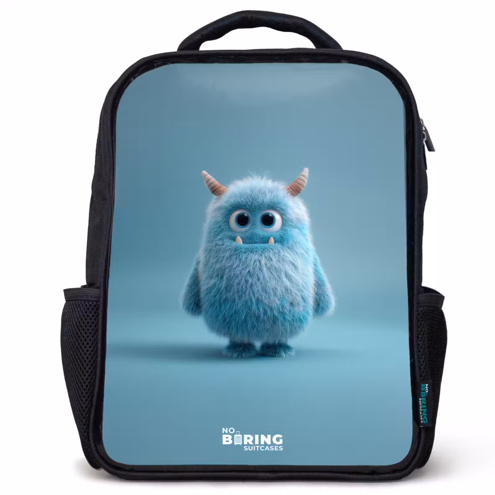 Kids backpack - Black - Blue fluffy monster with horns — 1