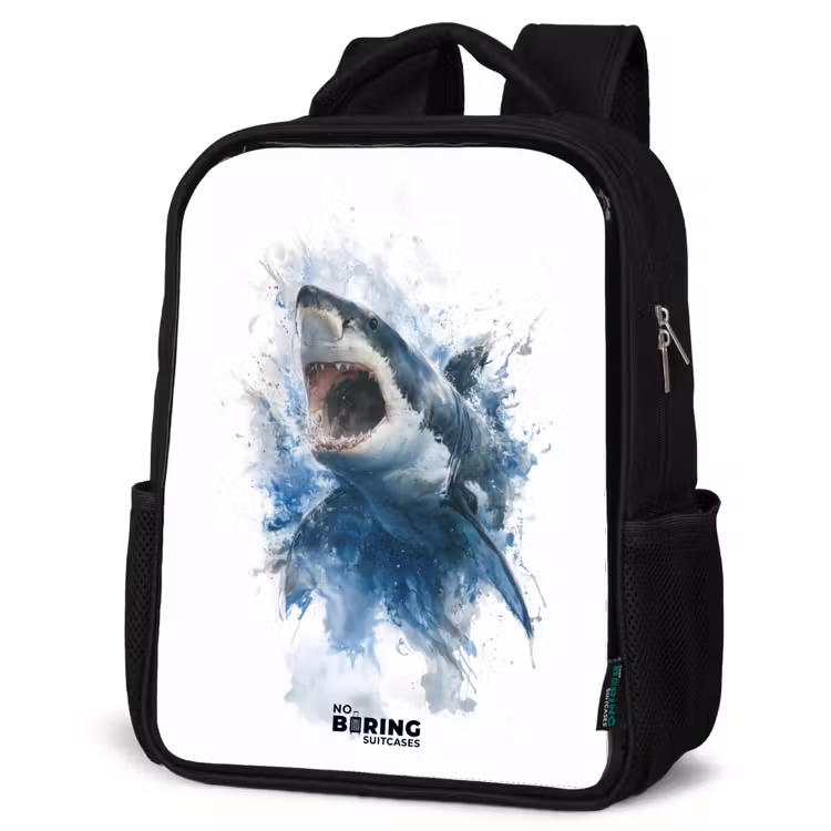Kids backpack - Black - Attacking shark in watercolor — 4