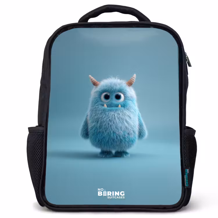Kids backpack - Black - Blue fluffy monster with horns — 1