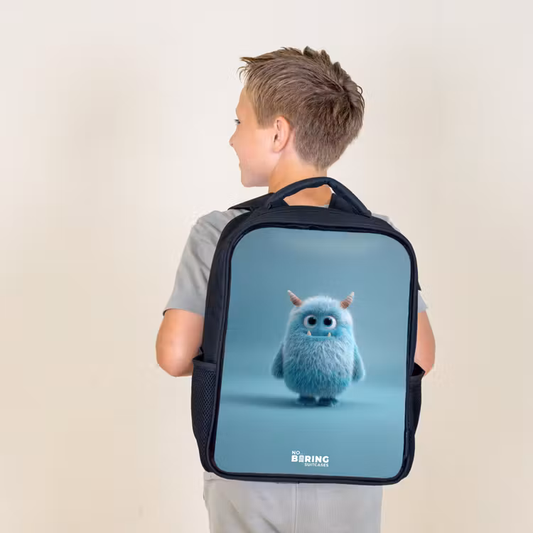 Kids backpack - Black - Blue fluffy monster with horns — 2
