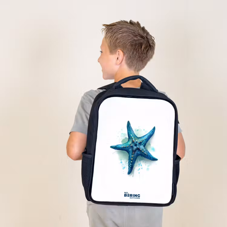 Kids backpack - Black - Blue Starfish on White Background — 2