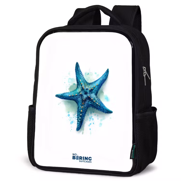Kids backpack - Black - Blue Starfish on White Background — 4