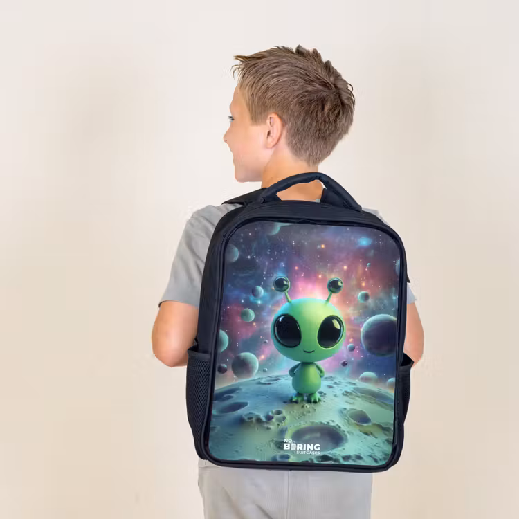 Kids backpack - Black - Green alien creature on lunar landscape — 2