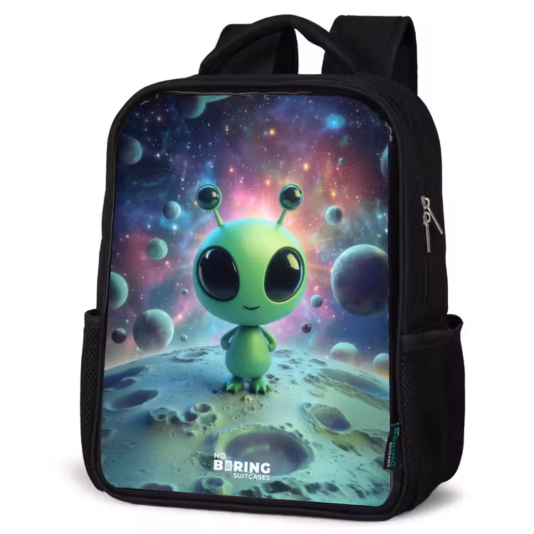 Kids backpack - Black - Green alien creature on lunar landscape — 4