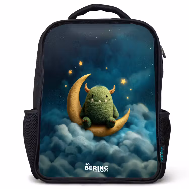 Kids backpack - Black - Green monster on crescent moon — 1