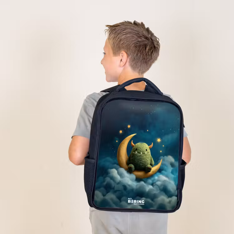 Kids backpack - Black - Green monster on crescent moon — 2