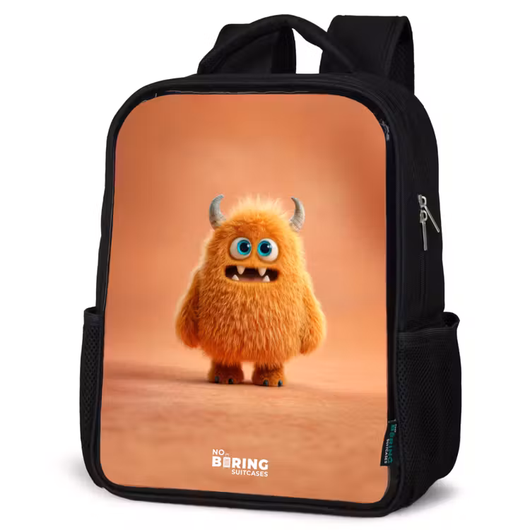 Kids backpack - Black - Orange Fluffy Monster with Horns — 4