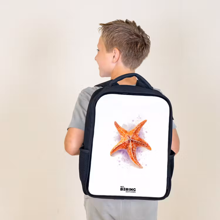 Kids backpack - Black - Orange Starfish Illustration — 2