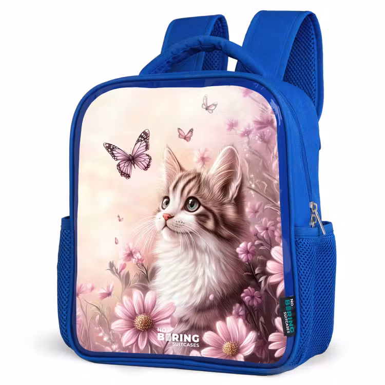 Kids backpack - Blue - Cat - Purple - Butterflies - Flowers — 3