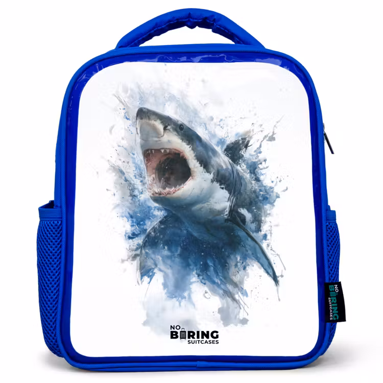 Kids backpack - Blue - Attacking shark in watercolor — 1