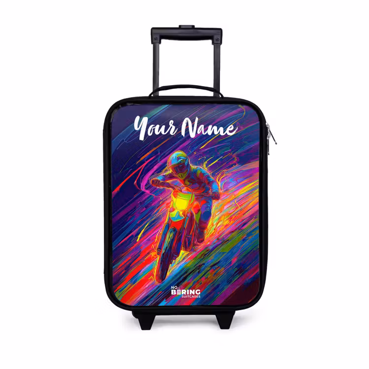 Children's suitcase with name - Cross bike - Neon colors - Lines - Helmet — 1