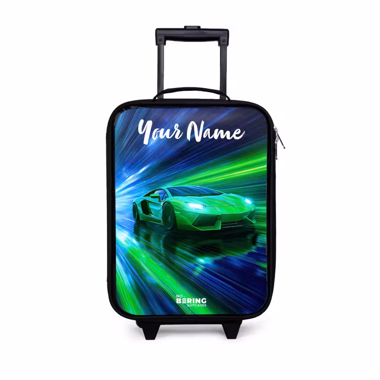 Children's suitcase with name - Sports car - Green - Speed Lines - Neon — 1