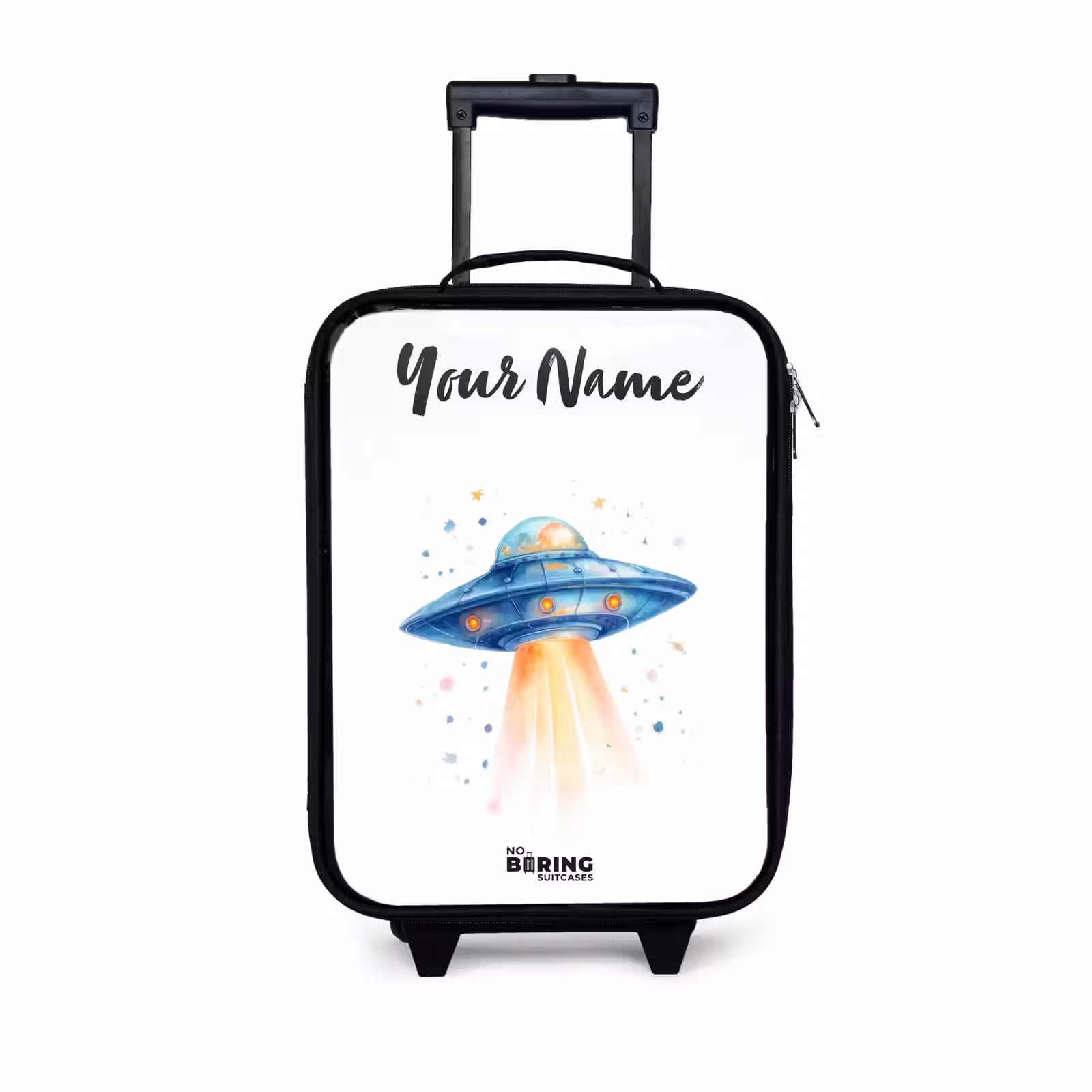 Children's suitcase with name - Blue spaceship with beam of light — 1