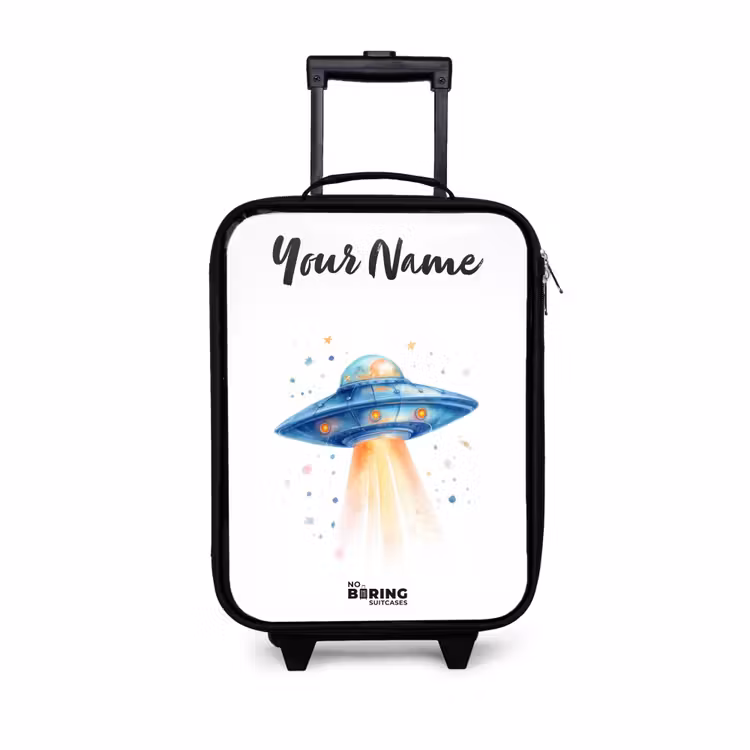 Children's suitcase with name - Blue spaceship with beam of light — 1