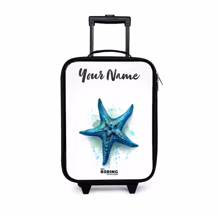 Children's suitcase with name - Blue Starfish on White Background — 1