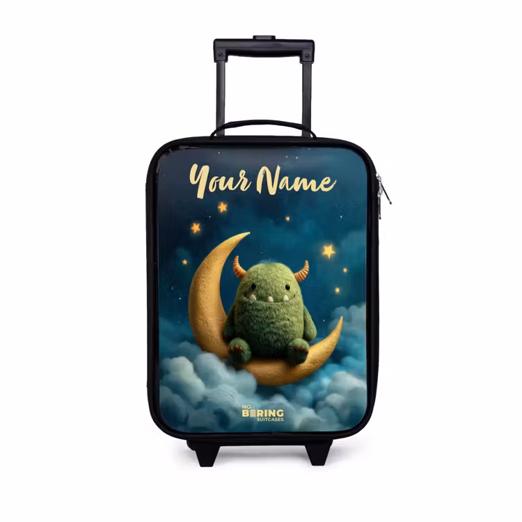 Children's suitcase with name - Green monster on crescent moon — 1