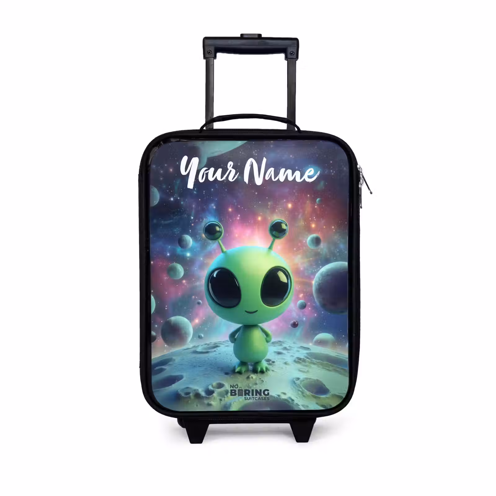 Children's suitcase with name - Green alien creature on lunar landscape — 1