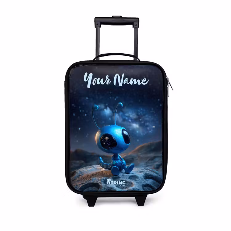Children's suitcase with name - Blue alien creature under starry sky — 1