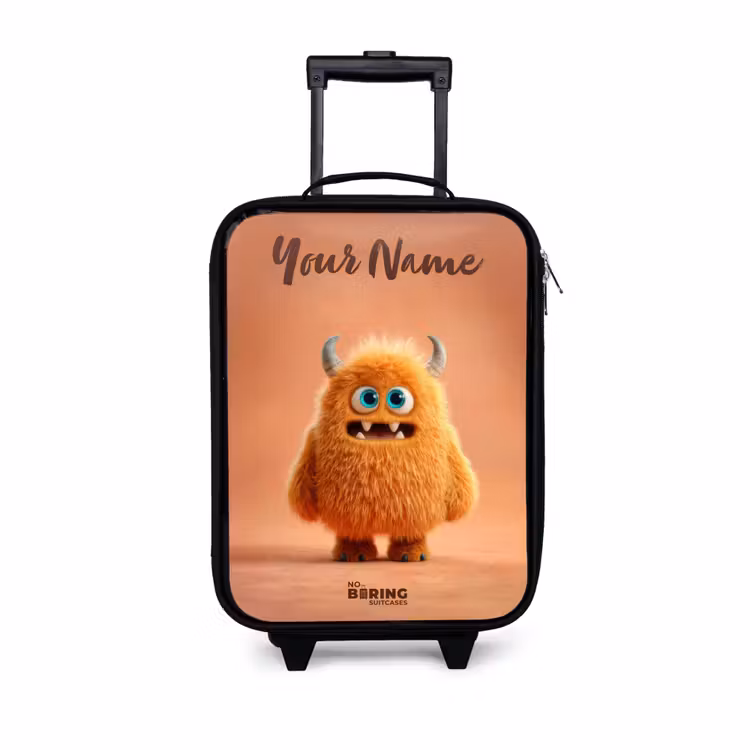 Children's suitcase with name - Orange Fluffy Monster with Horns — 1