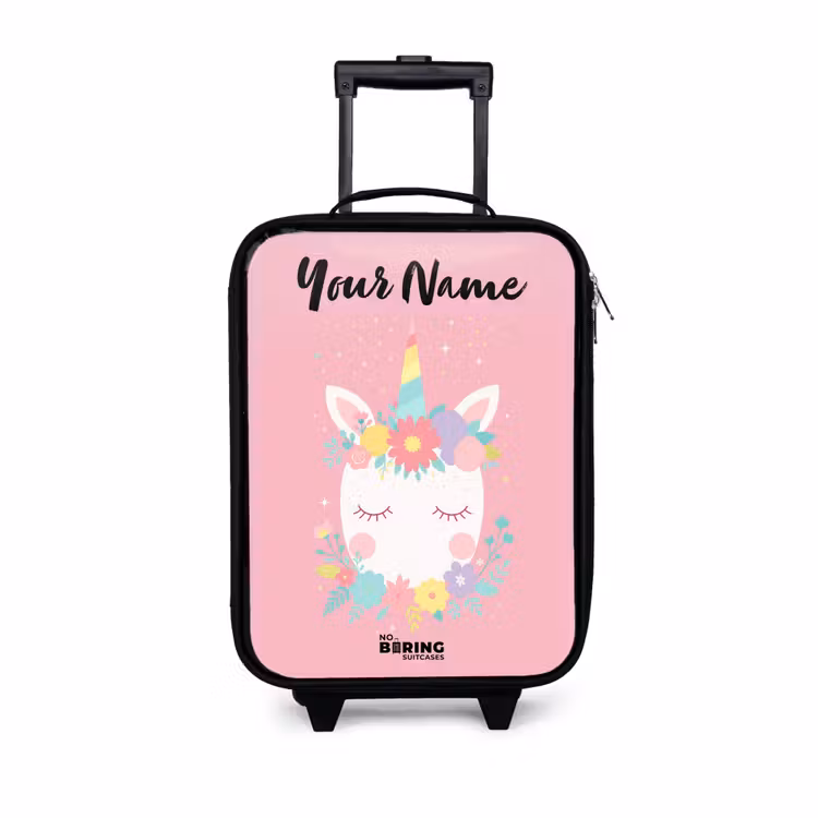 Children's suitcase with name - Unicorn - Flowers - Pink — 1