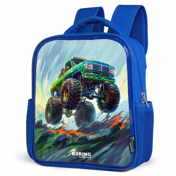 Kids backpack - Blue - Green Monster Truck with Brushstrokes — 3