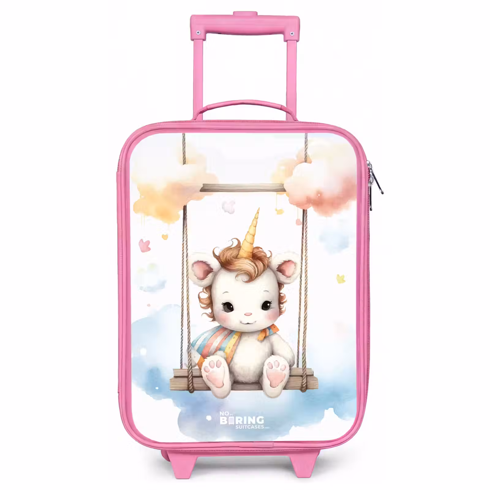 Children's suitcase - Pink - White baby unicorn on a swing in the clouds — 1